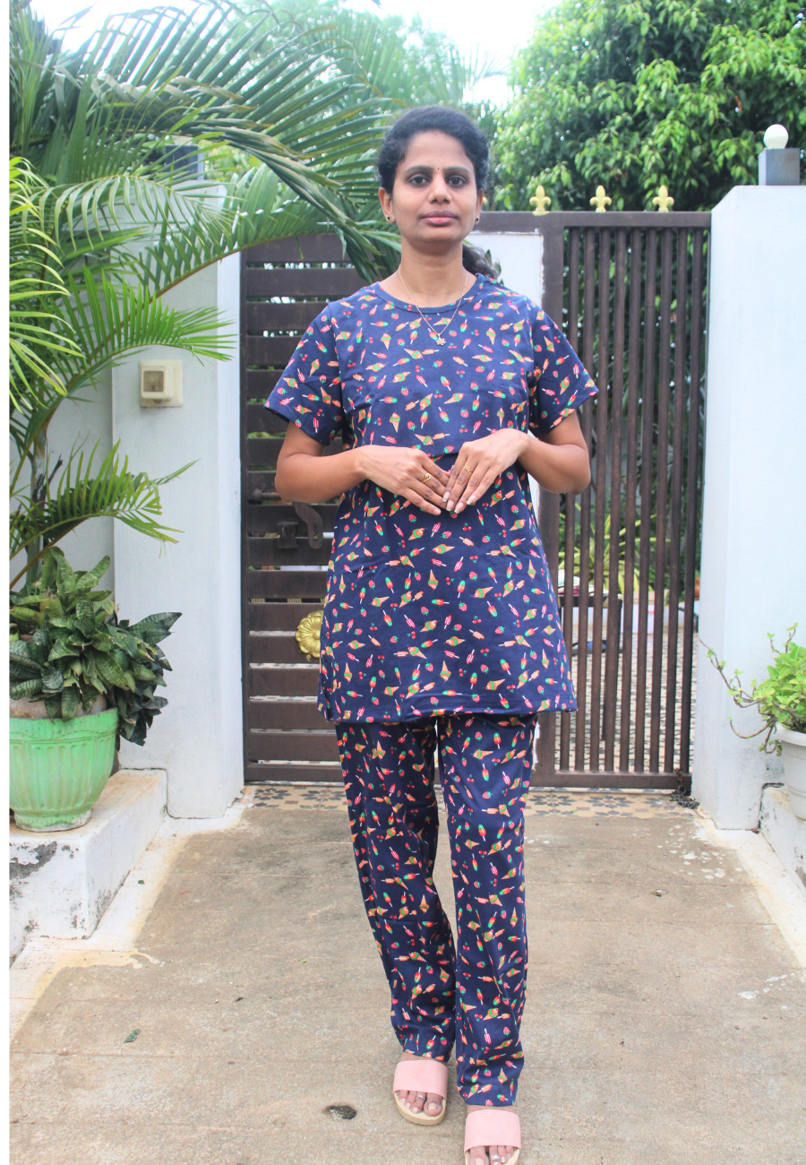 Navy Ice cream Pure Cotton Zipless Feeding Pant Set
