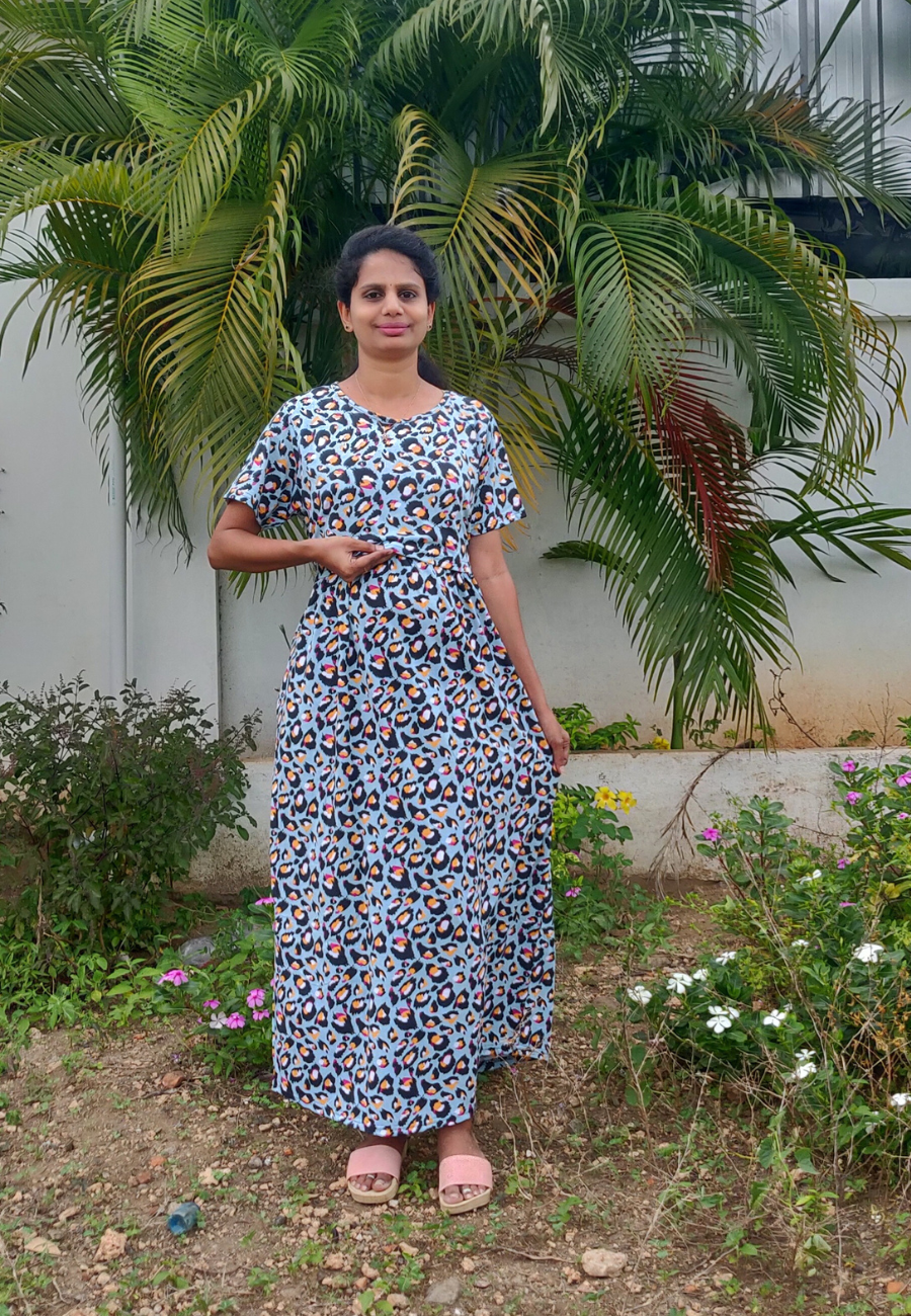 Ink Feather Soft Cotton Zipless Maternity & Feeding Dress | Full Length