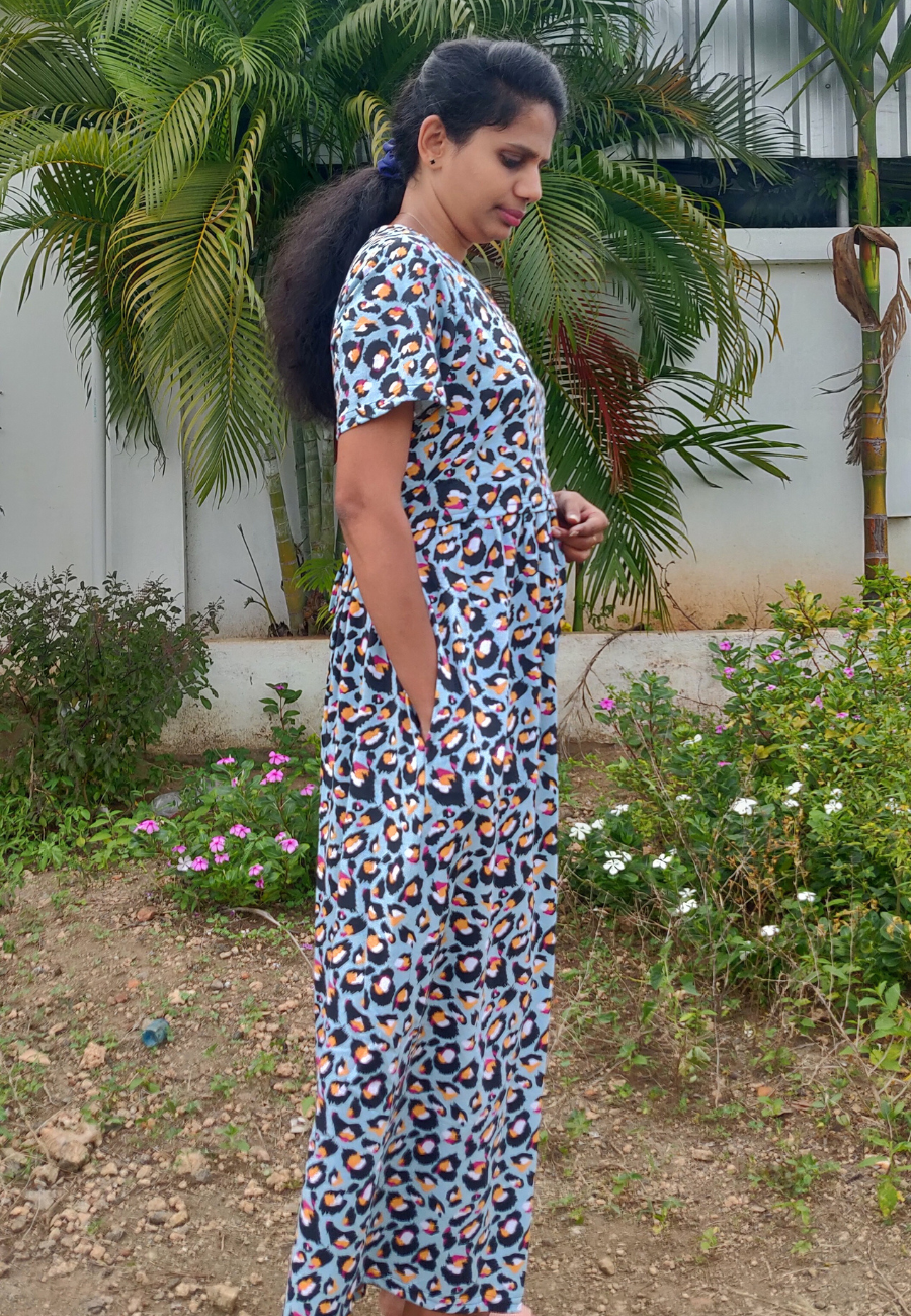 Ink Feather Soft Cotton Zipless Maternity & Feeding Dress | Full Length