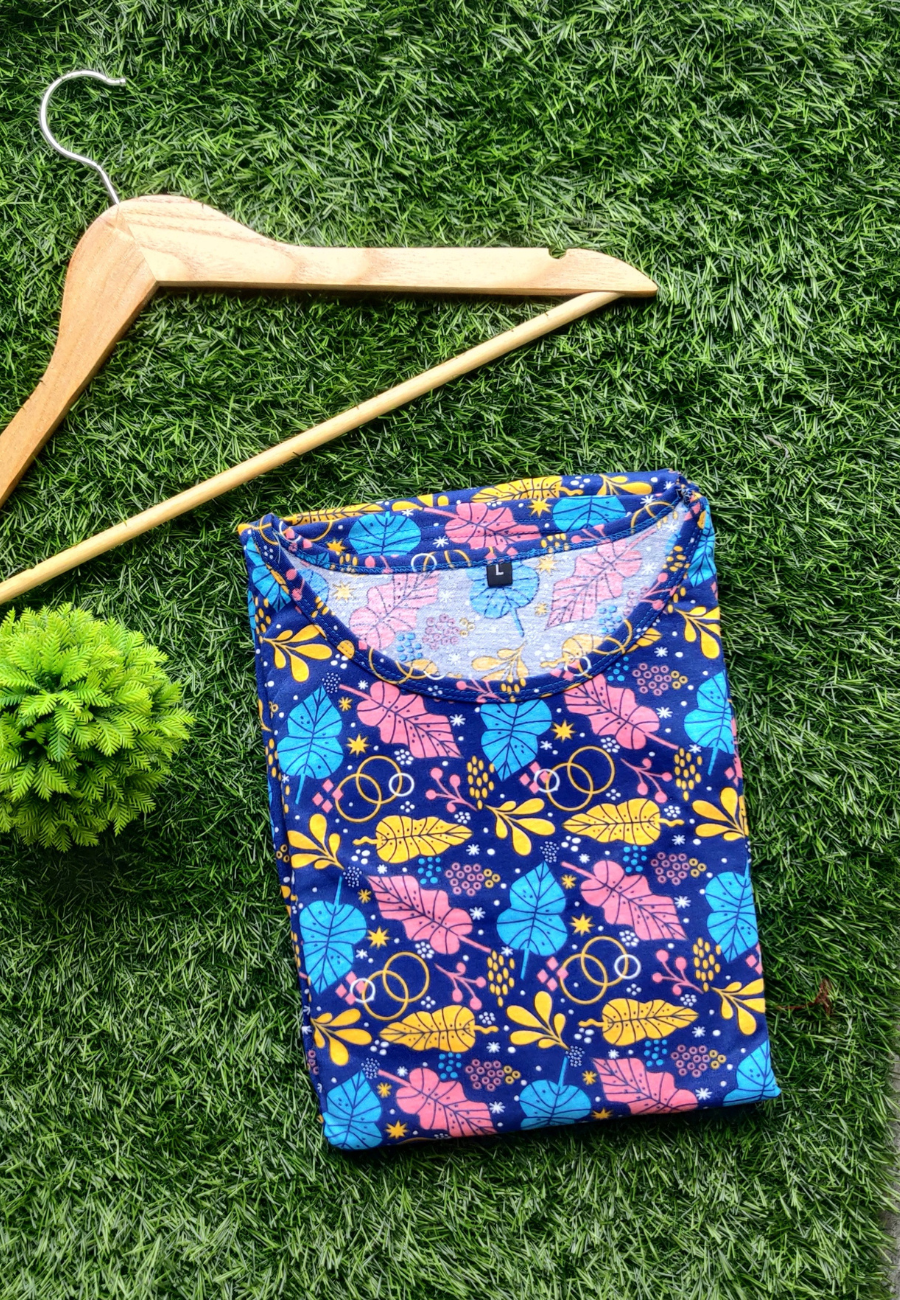 Autumn Blue Leaf Soft Cotton Zipless Maternity & Feeding Dress | Puff Sleeve