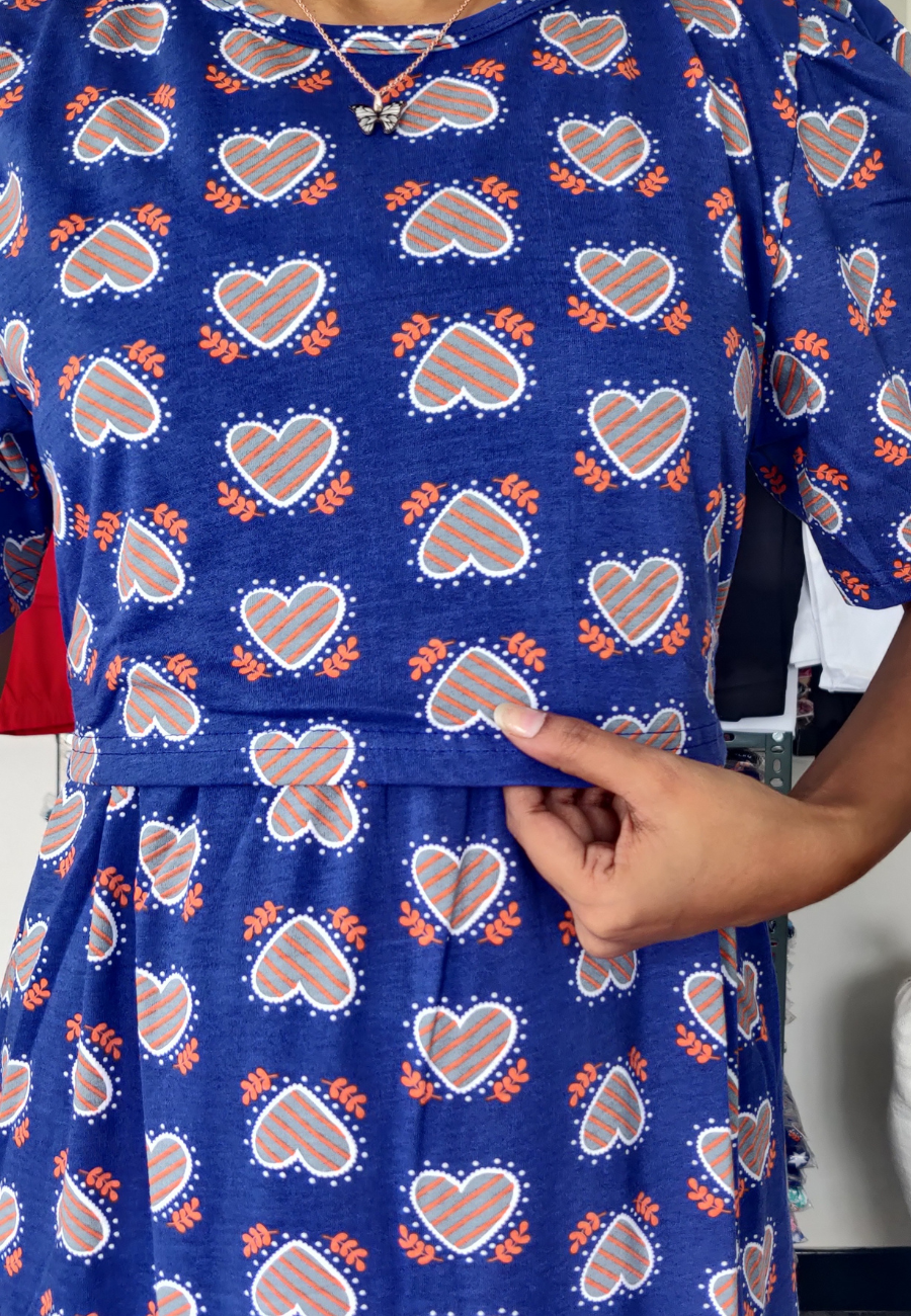 Line Heart Soft Cotton Zipless Maternity & Feeding Dress | Puff Sleeve