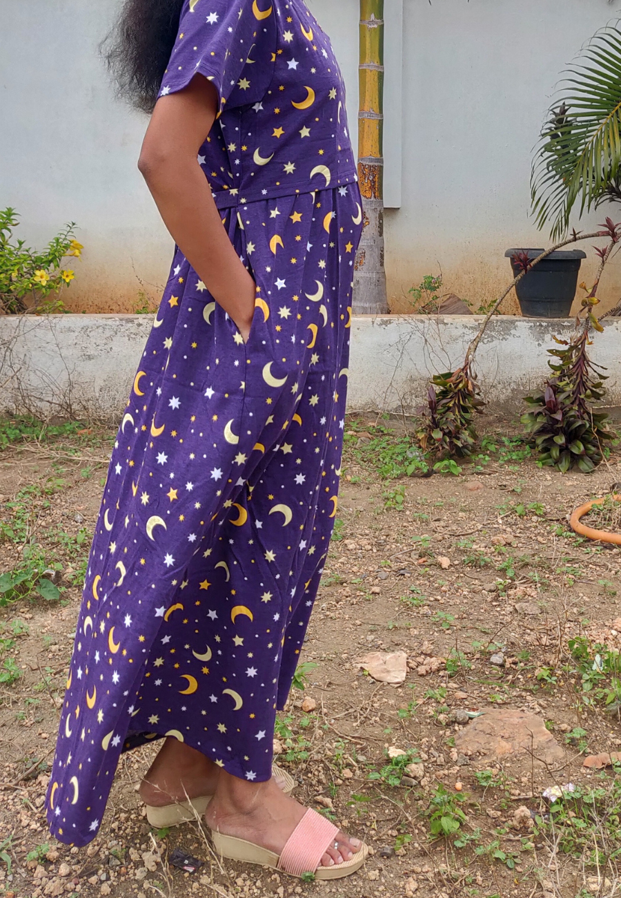Moon Star Soft Cotton Zipless Maternity & Feeding Dress | Full Length