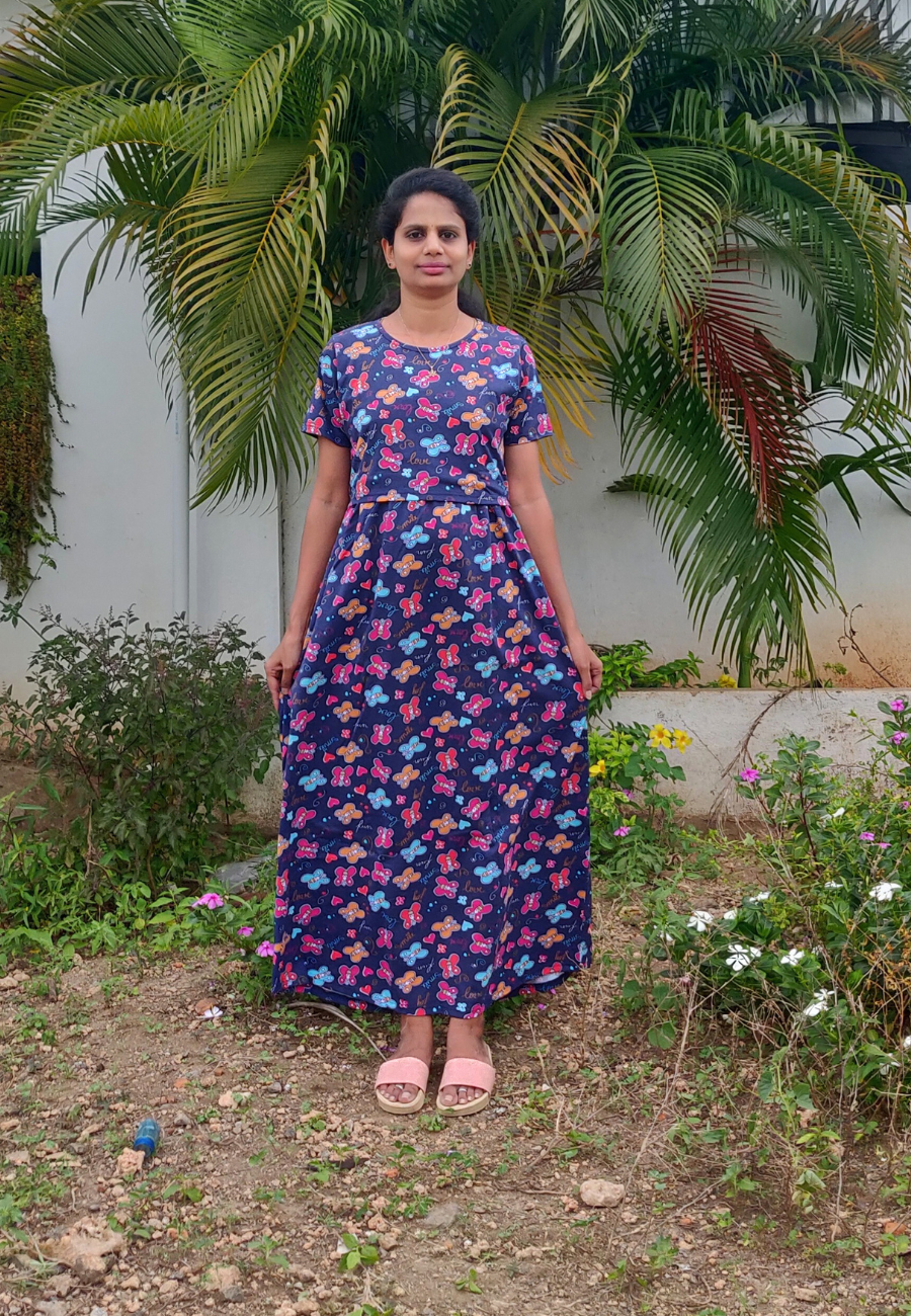 Multi Color ButterFly Soft Cotton Zipless Maternity & Feeding Dress | Full Length