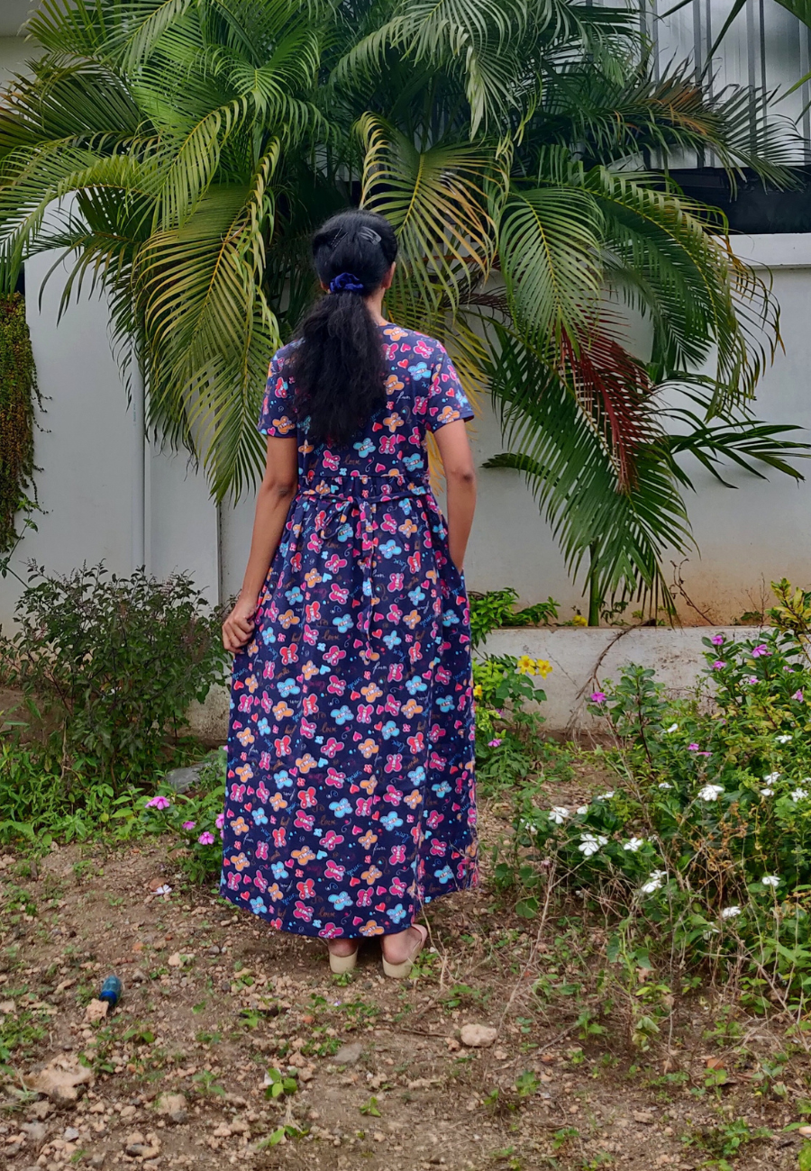 Multi Color ButterFly Soft Cotton Zipless Maternity & Feeding Dress | Full Length