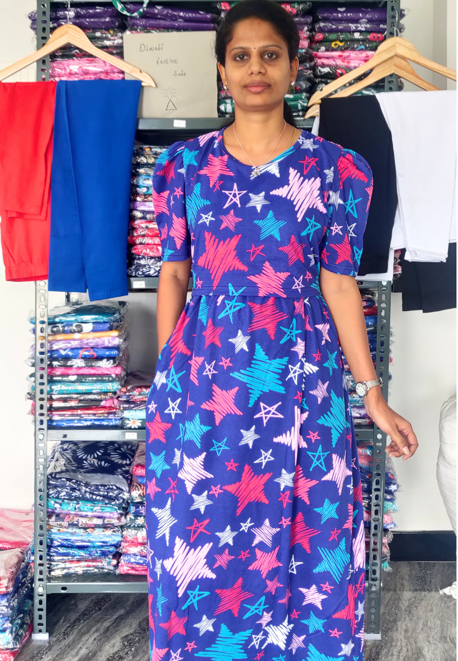 Multi Star Soft Cotton Zipless Maternity & Feeding Dress | Full Length