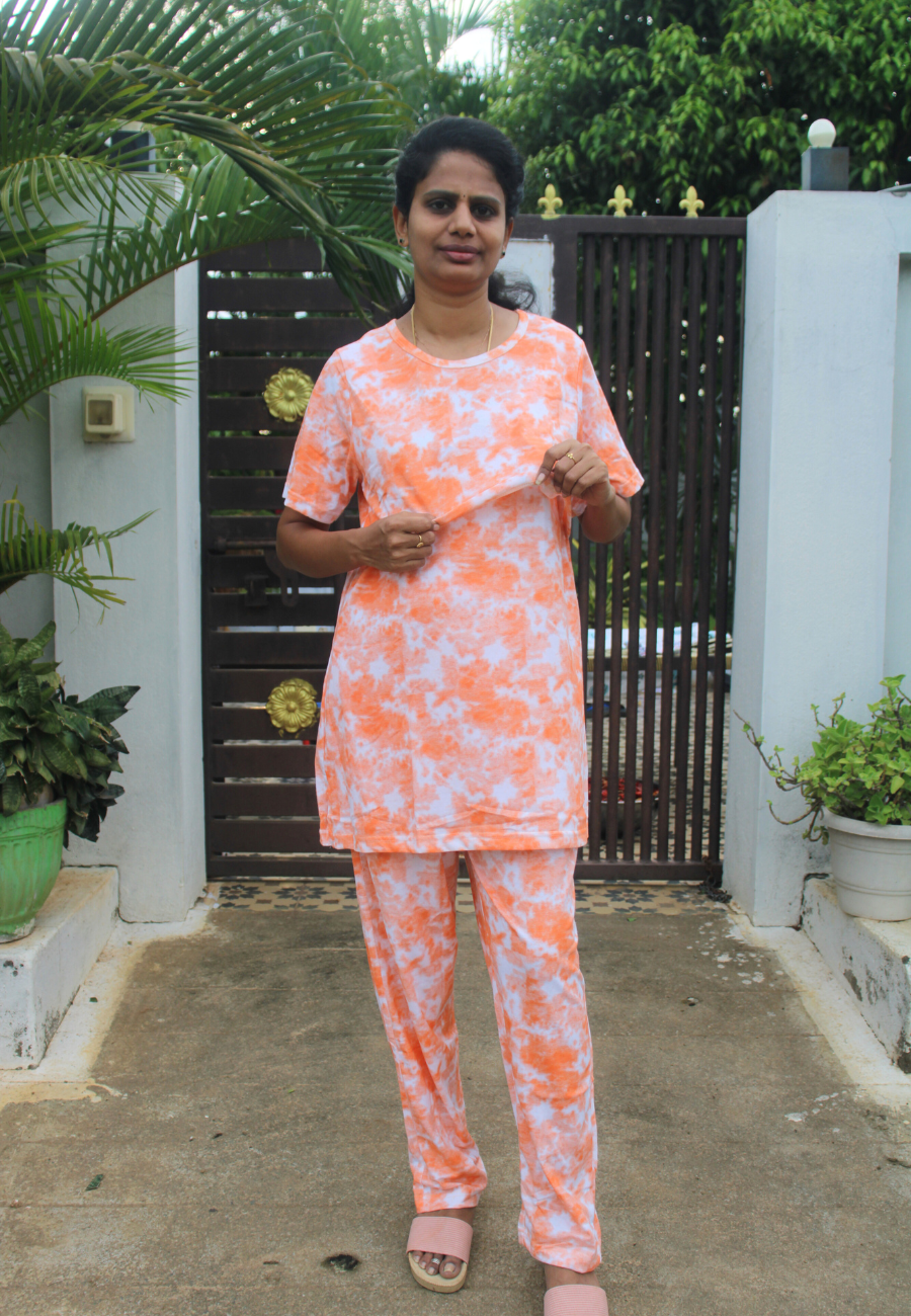 Orange Dye and Die Pure Cotton Zipless Feeding Pant Set