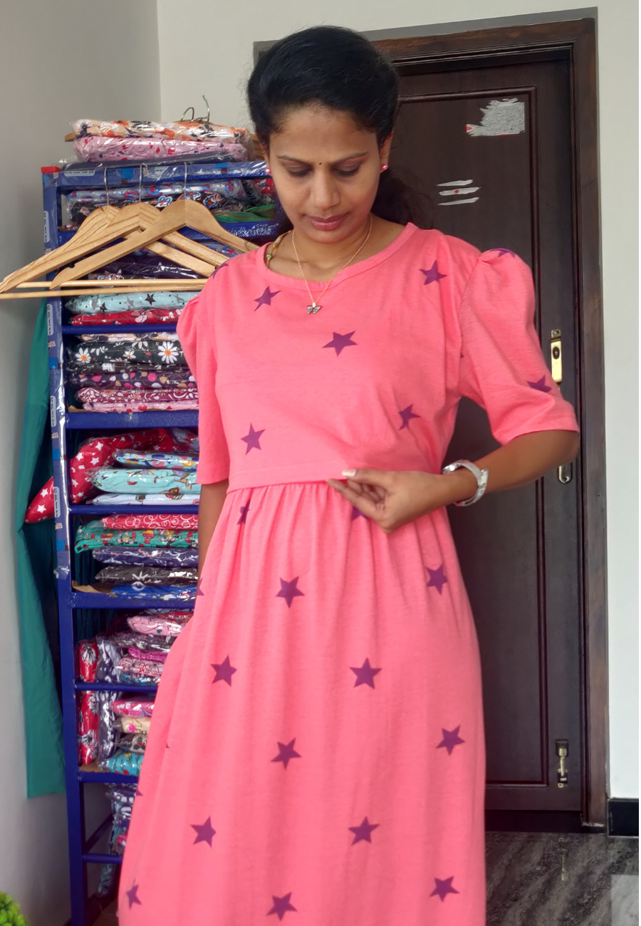 Peach Star Soft Cotton Zipless Maternity & Feeding Dress | Puff Sleeve