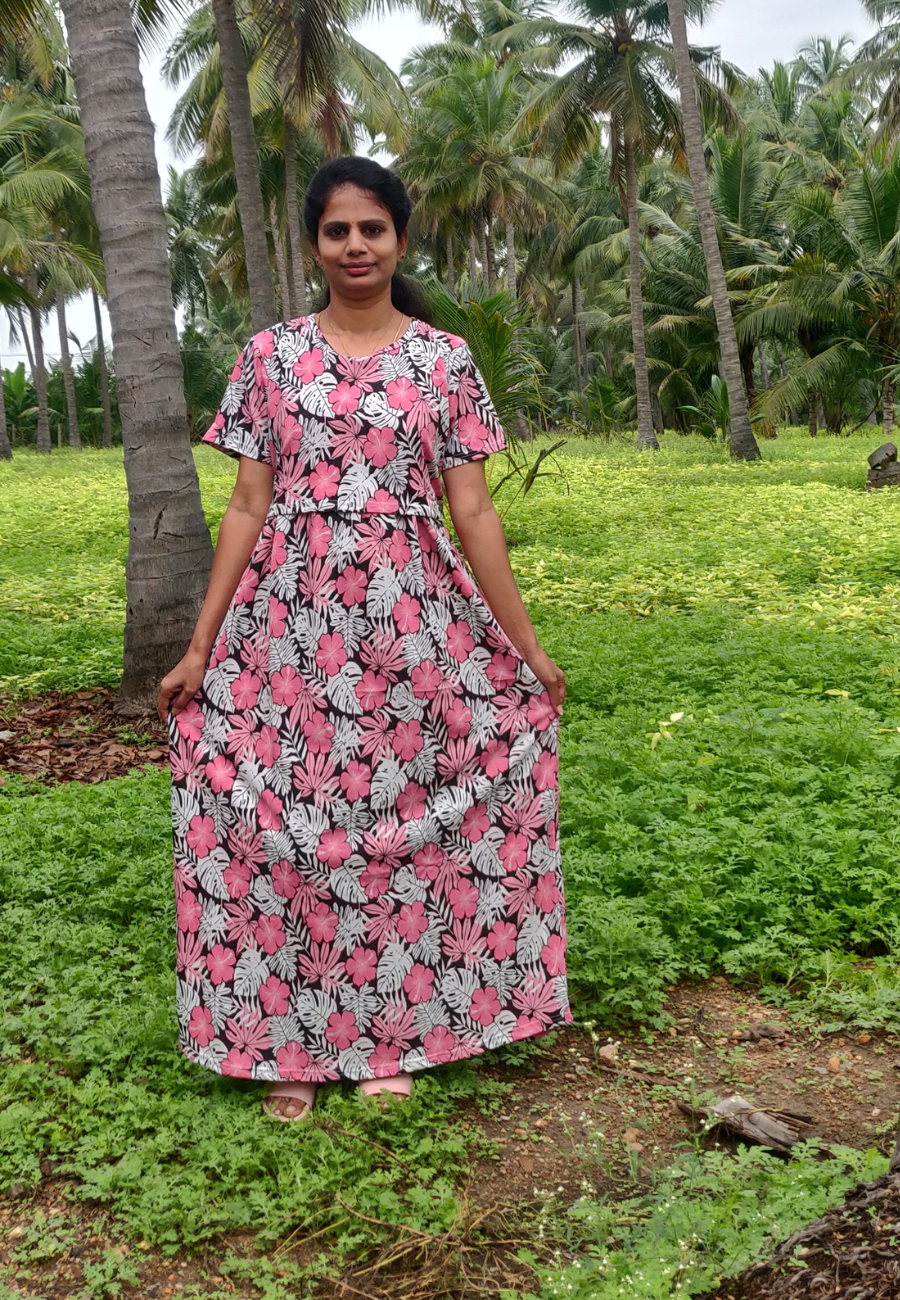 Petals Soft Cotton Zipless Maternity & Feeding Dress | Full Length