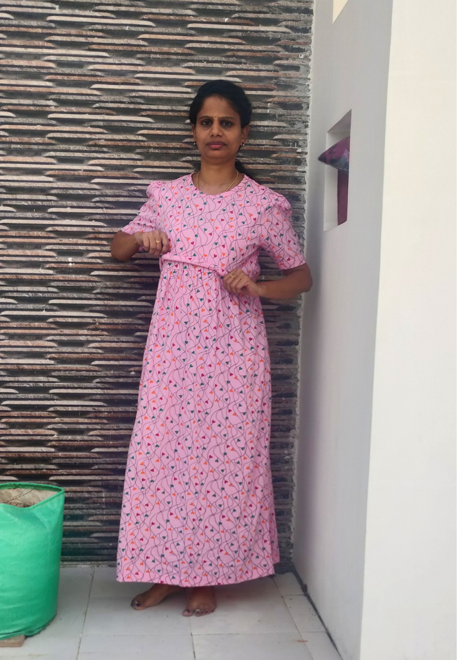 Pink Wire Soft Cotton Zipless Maternity & Feeding Dress | Puff Sleeve