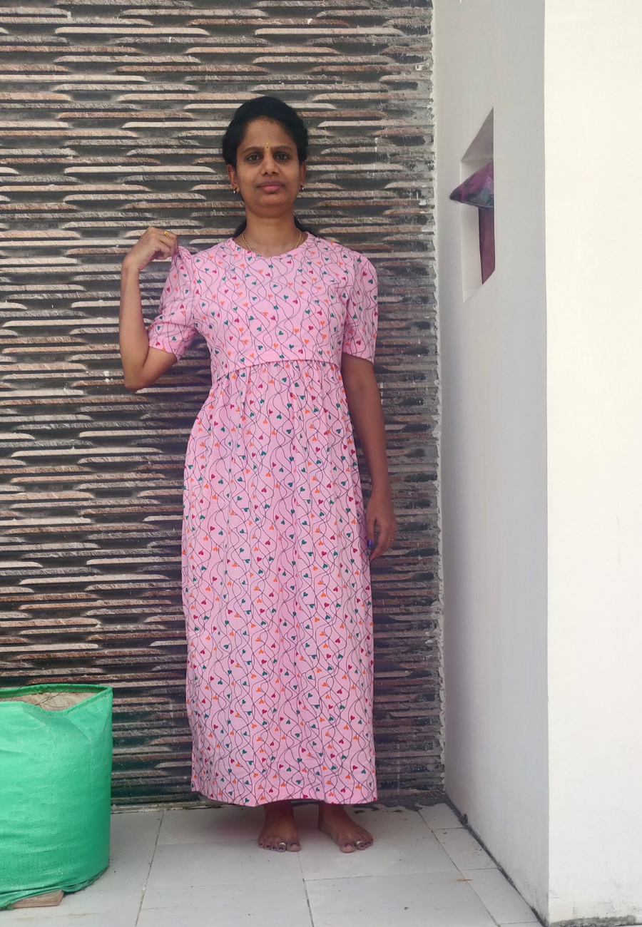 Pink Wire Soft Cotton Zipless Maternity & Feeding Dress | Puff Sleeve
