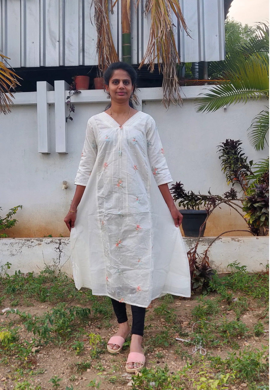 White MulCotton V-Neck Aline kurti (K1004)
