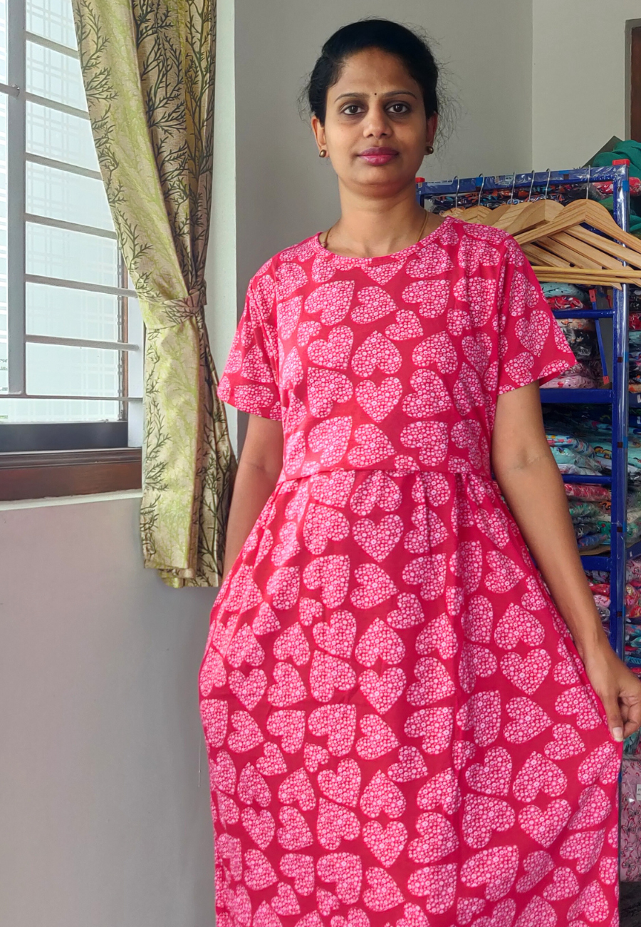 Rani Pink Heart Soft Cotton Zipless Maternity & Feeding Dress | Full Length