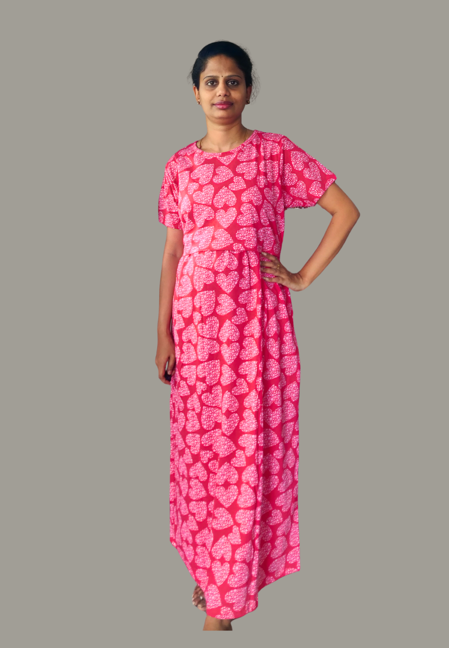 Rani Pink Heart Soft Cotton Zipless Maternity & Feeding Dress | Full Length