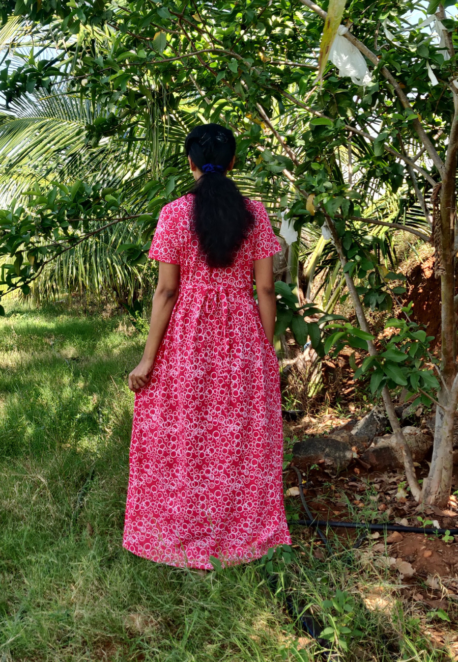 Red Ring Soft Cotton Zipless Maternity & Feeding Dress | Full Length