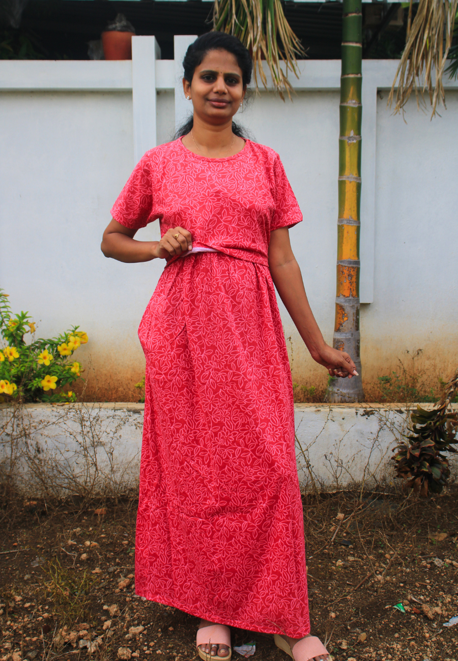 Red Golden Flower Soft Cotton Zipless Maternity & Feeding Dress | Full Length