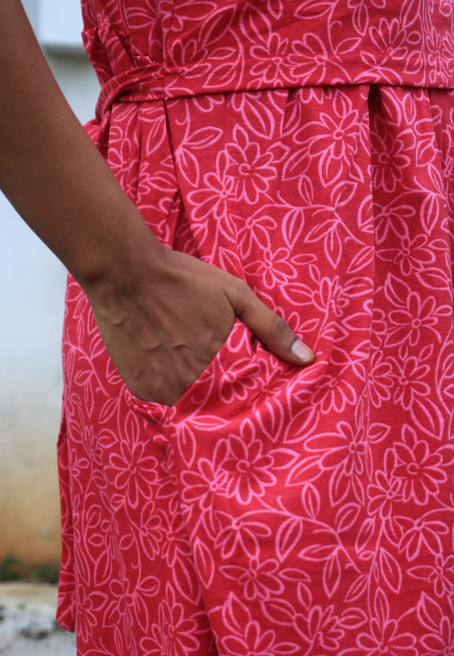 Red Golden Flower Soft Cotton Zipless Maternity & Feeding Dress | Full Length