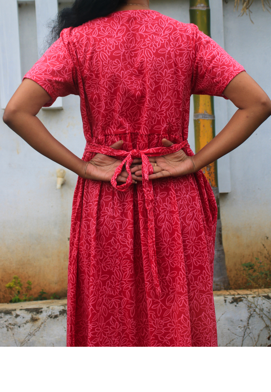Red Golden Flower Soft Cotton Zipless Maternity & Feeding Dress | Full Length