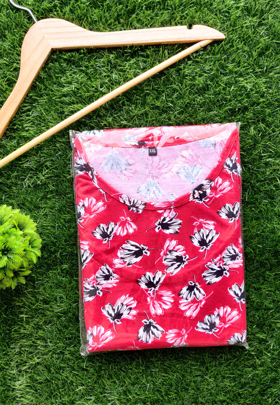 Red White Floral Soft Cotton Zipless Maternity & Feeding Dress | Puff Sleeve