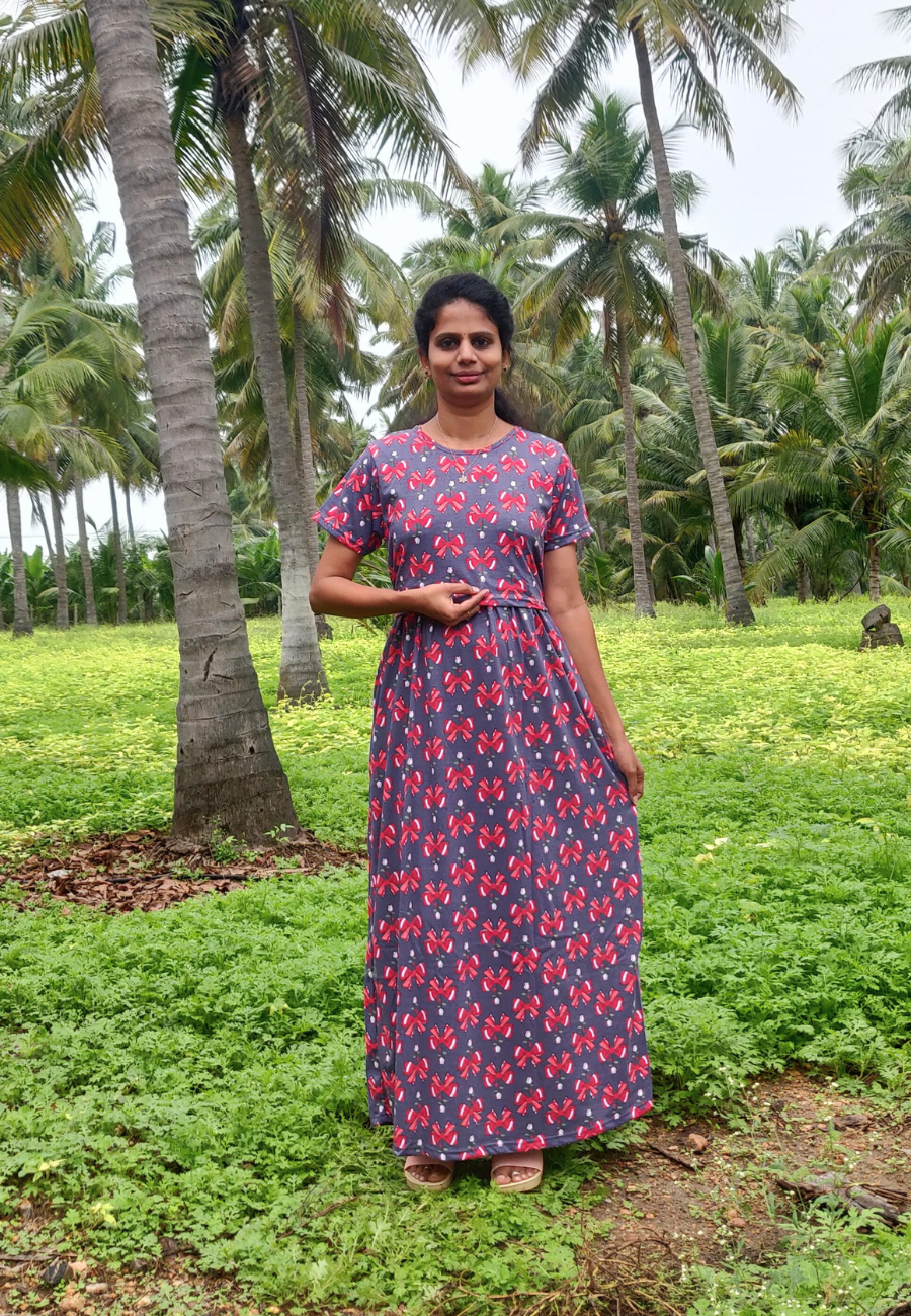 Ribbon Soft Cotton Zipless Maternity & Feeding Dress | Full Length
