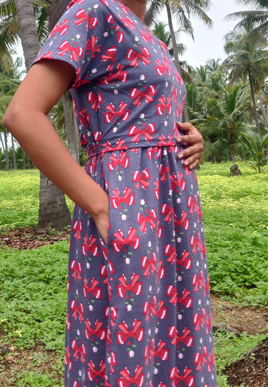 Ribbon Soft Cotton Zipless Maternity & Feeding Dress | Full Length