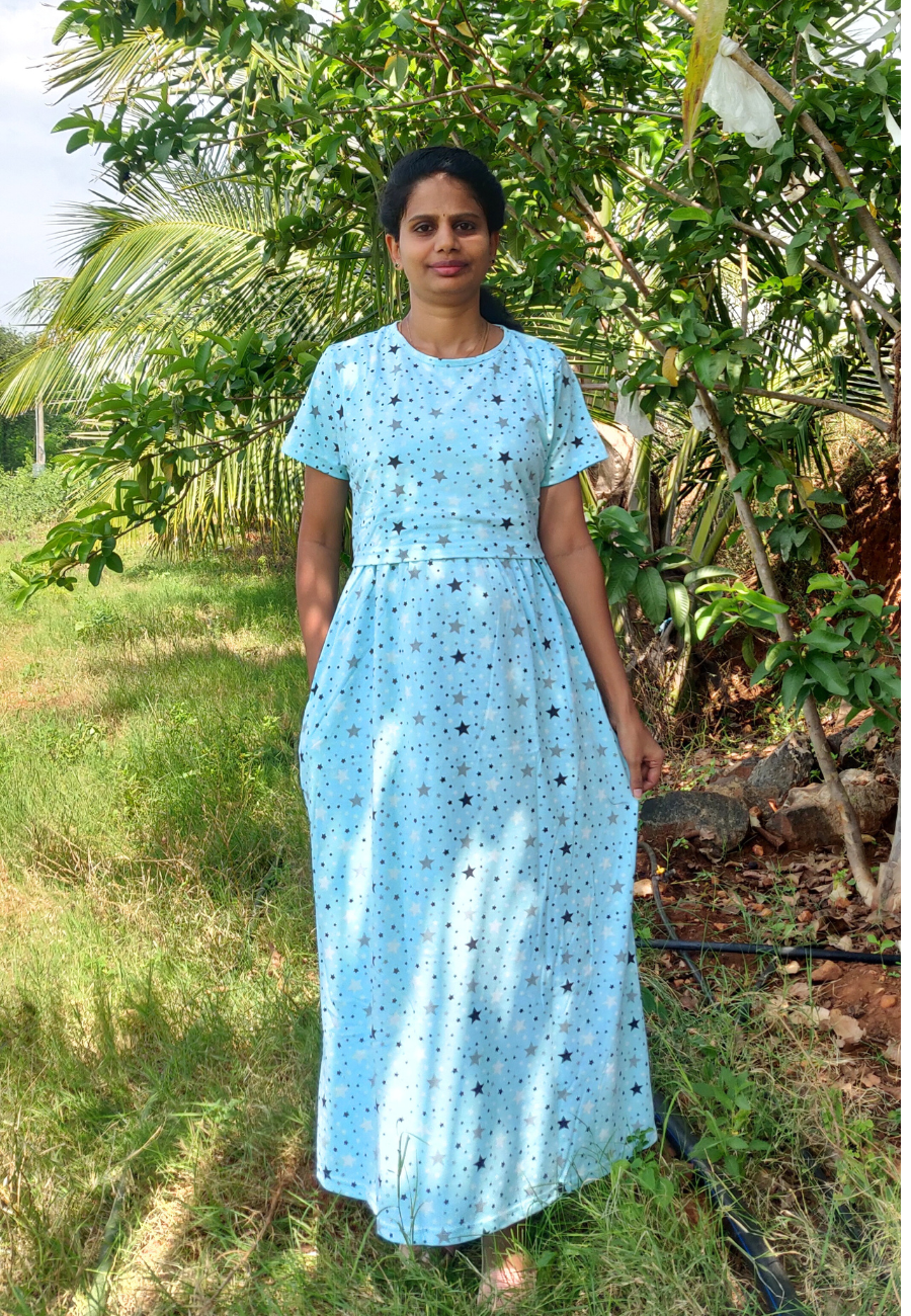 Skyblue Star Soft Cotton Zipless Maternity & Feeding Dress | Full Length