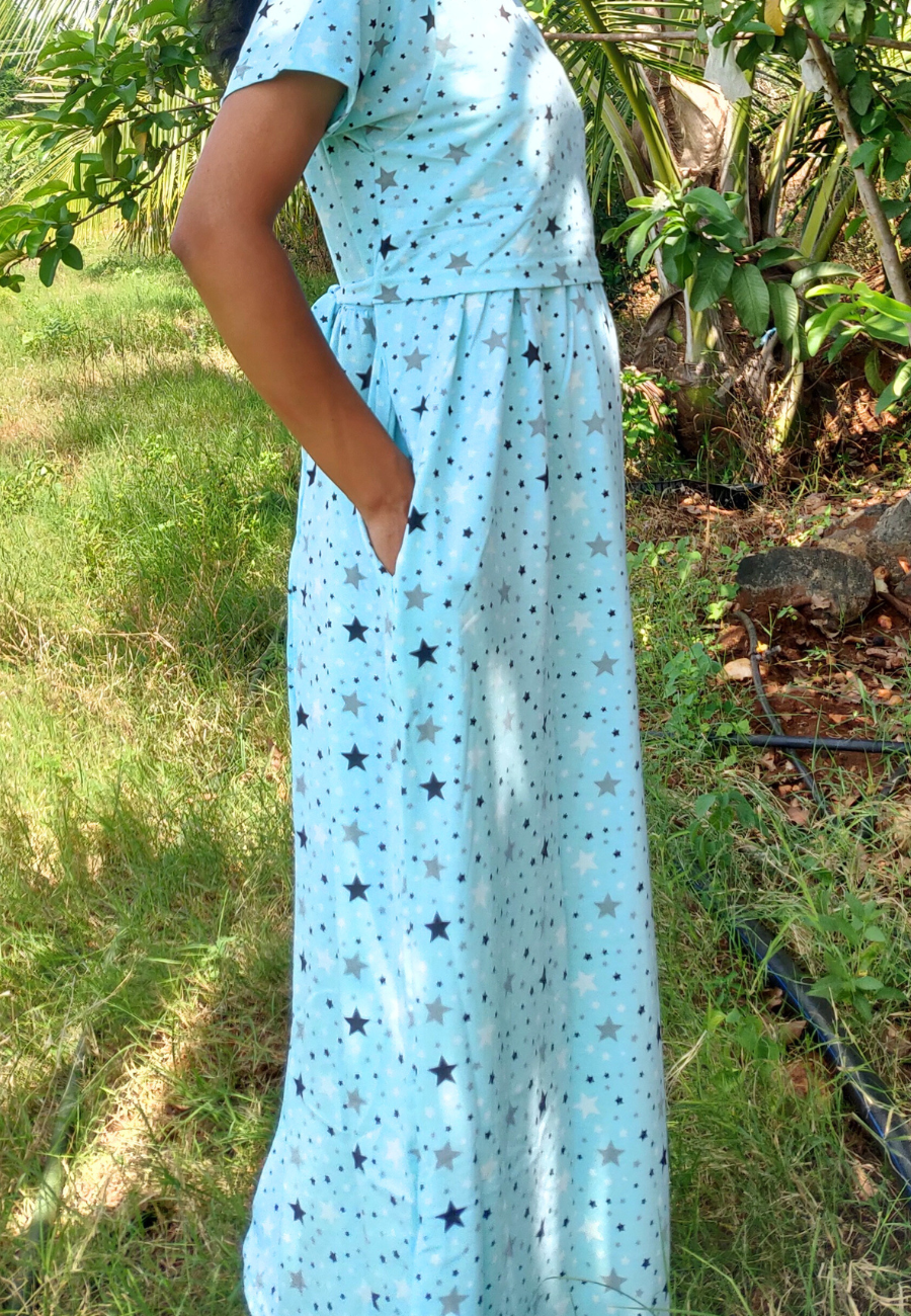 Skyblue Star Soft Cotton Zipless Maternity & Feeding Dress | Full Length