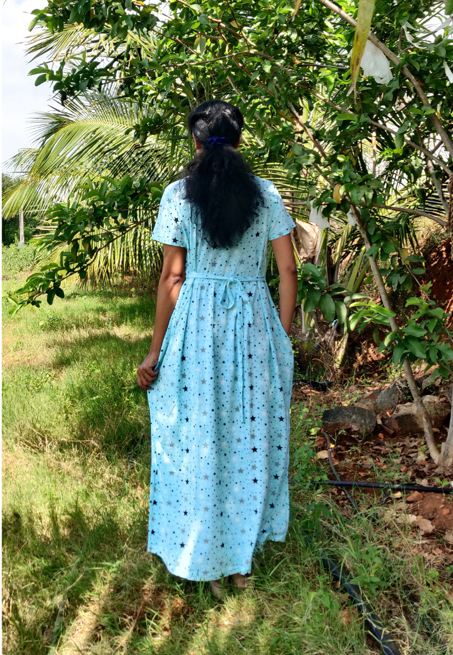 Skyblue Star Soft Cotton Zipless Maternity & Feeding Dress | Full Length