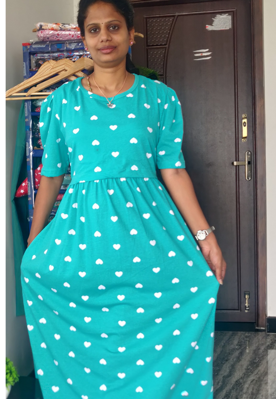 Torquoise Heart Soft Cotton Zipless Maternity & Feeding Dress | Puff Sleeve