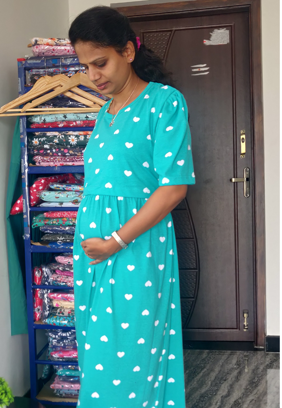 Torquoise Heart Soft Cotton Zipless Maternity & Feeding Dress | Puff Sleeve