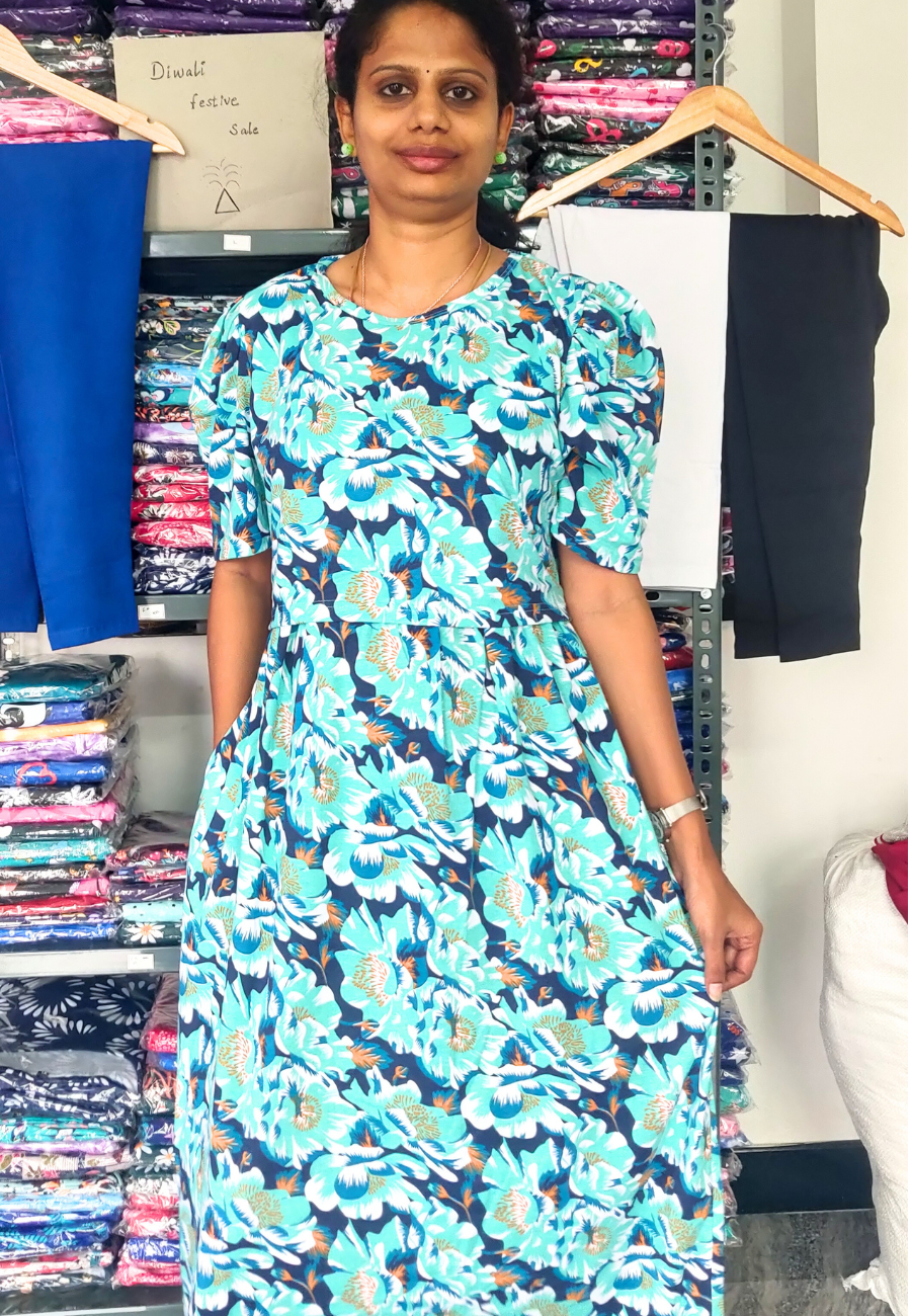 Torquoise Floral Soft Cotton Zipless Maternity & Feeding Dress | Full Length