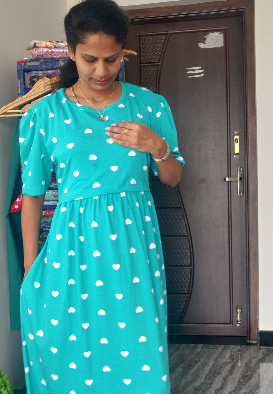 Torquoise Heart Soft Cotton Zipless Maternity & Feeding Dress | Puff Sleeve