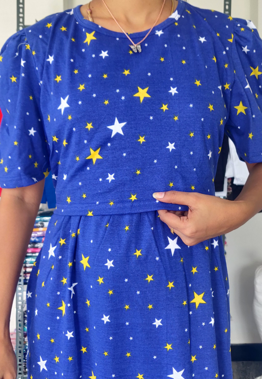 Twinkle Star Soft Cotton Zipless Maternity & Feeding Dress | Puff Sleeve