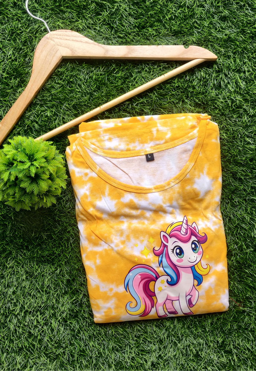 Yellow Unicorn Soft Cotton Zipless Maternity & Feeding Dress | Full Length