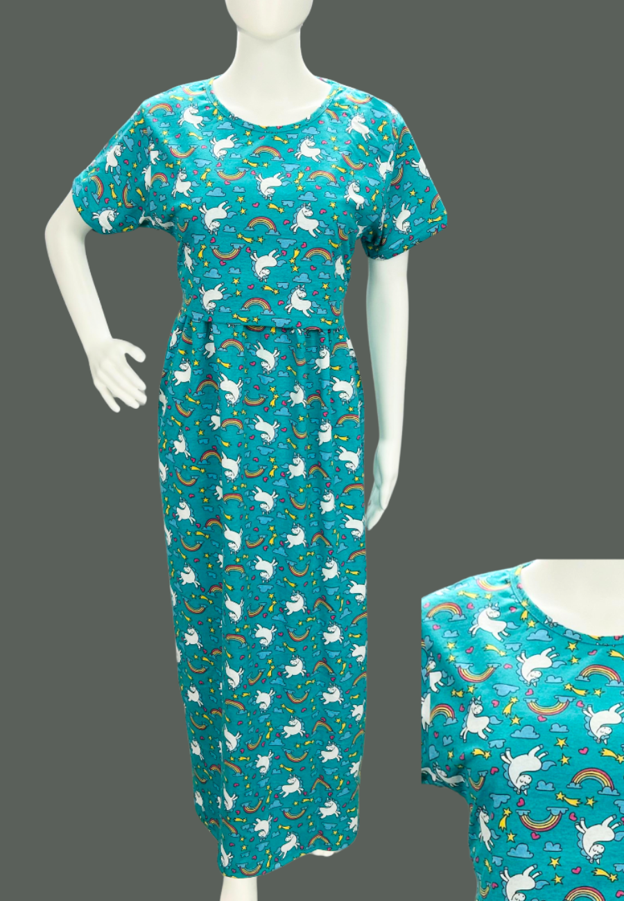Unicorn Soft Cotton Zipless Maternity & Feeding Dress | Full Length