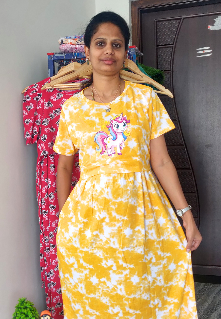 Yellow Unicorn Soft Cotton Zipless Maternity & Feeding Dress | Full Length