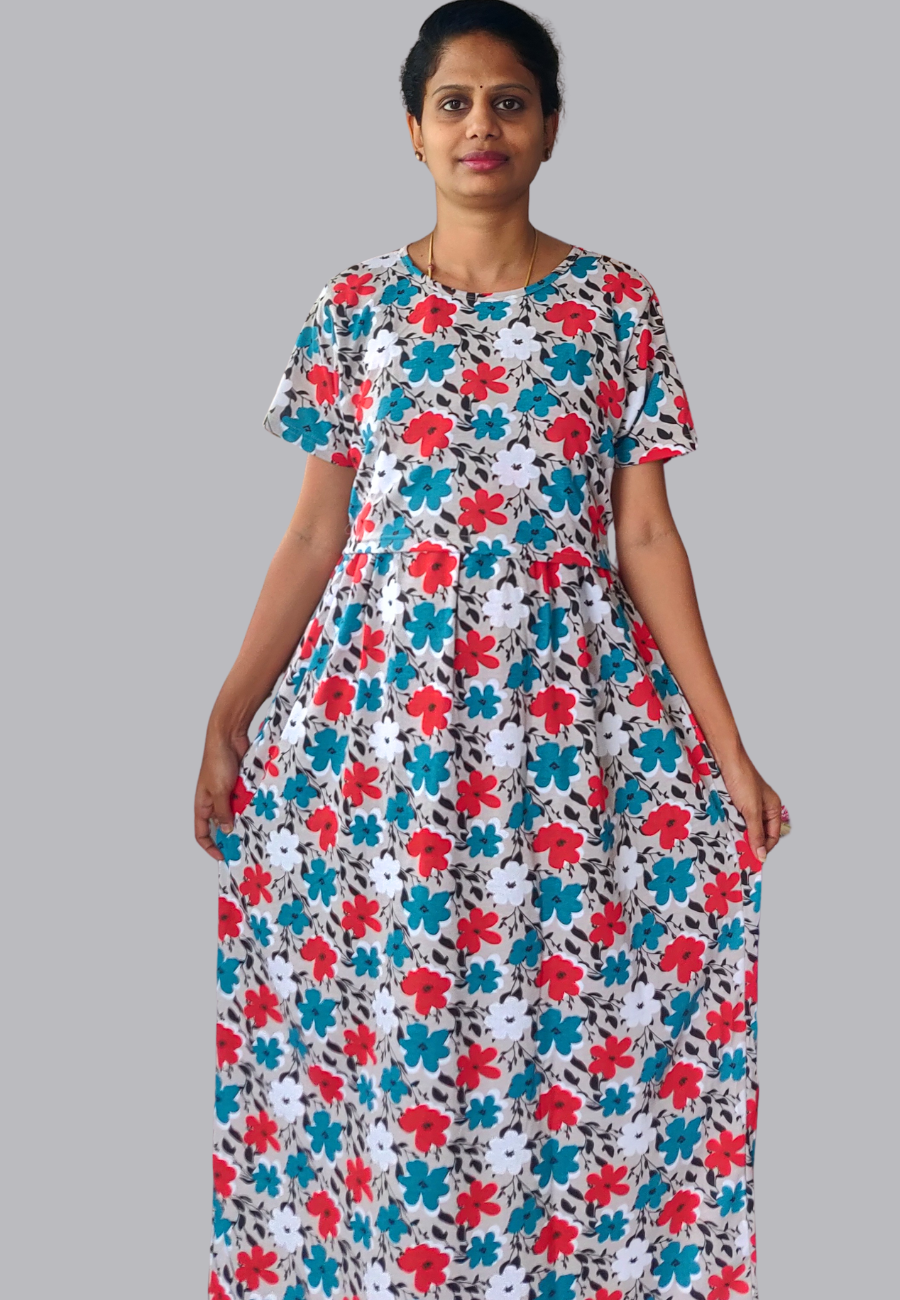 White Floral Soft Cotton Zipless Maternity & Feeding Dress | Full Length