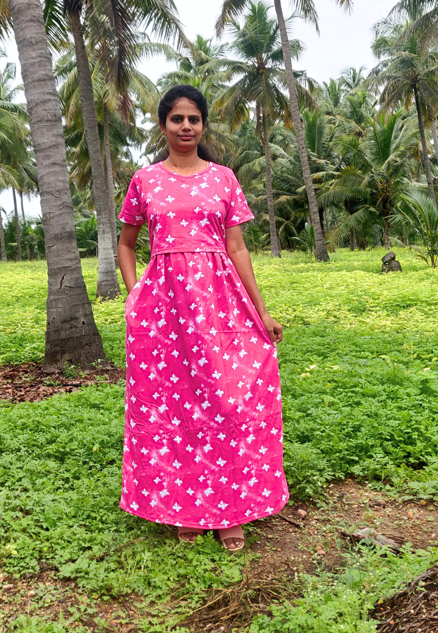 White Butterfly Soft Cotton Zipless Maternity & Feeding Dress | Full Length
