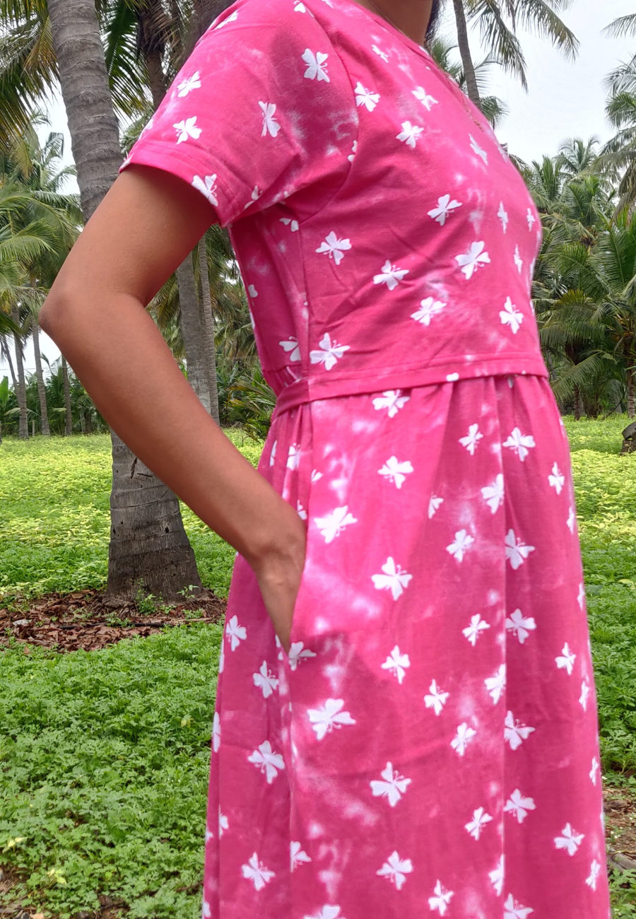 White Butterfly Soft Cotton Zipless Maternity & Feeding Dress | Full Length