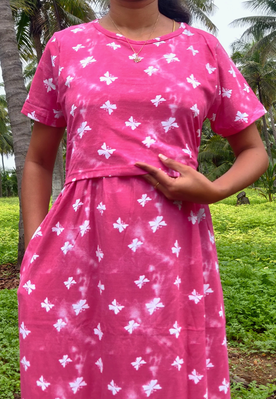 White Butterfly Soft Cotton Zipless Maternity & Feeding Dress | Full Length