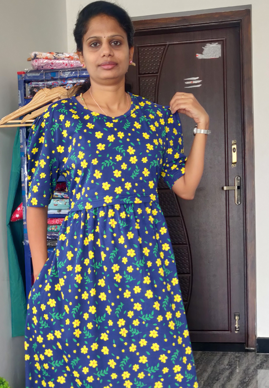 Yellow Flower Soft Cotton Zipless Maternity & Feeding Dress | Puff Sleeve
