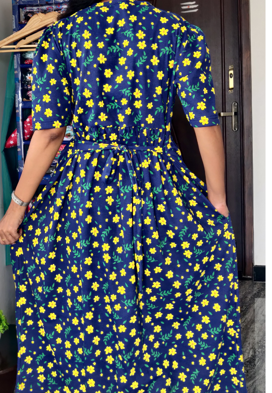 Yellow Flower Soft Cotton Zipless Maternity & Feeding Dress | Puff Sleeve